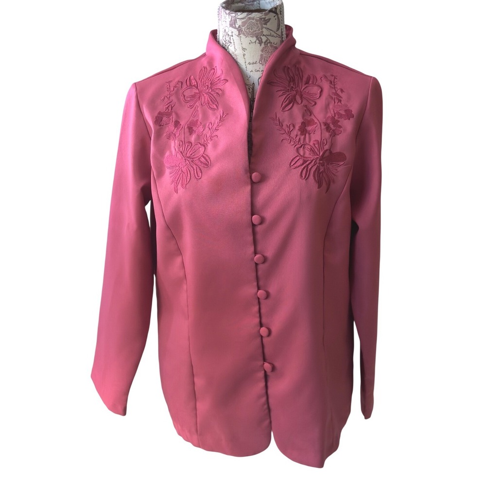 Adrienne‎ Landau Pink Embroidered Mandarin Collar Button Front Blouse Top M